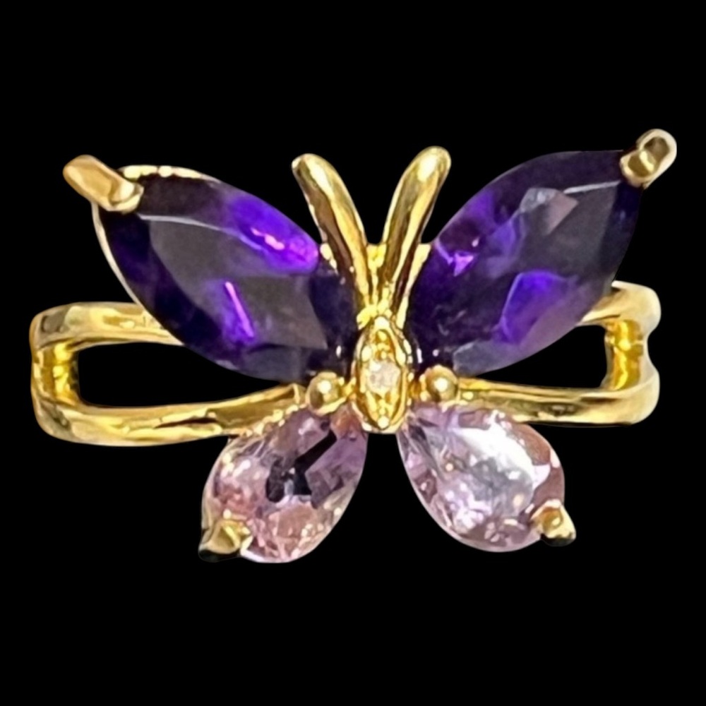 NWOT 18K Yellow Gold Over Sterling Amethyst Butterfly Ring Sz 6.5